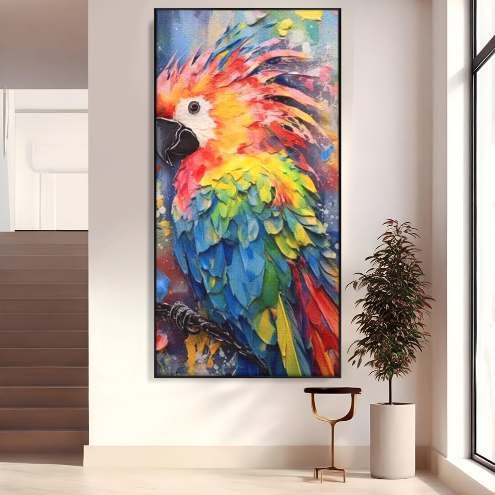 Tablou canvas cu tablou canvas cu papagal colorat, in rama de aluminiu negru